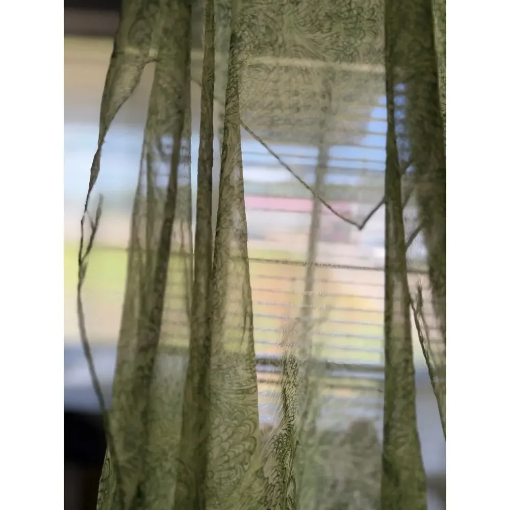 Sheer green vintage square scarf shells scrolls chiffon retro